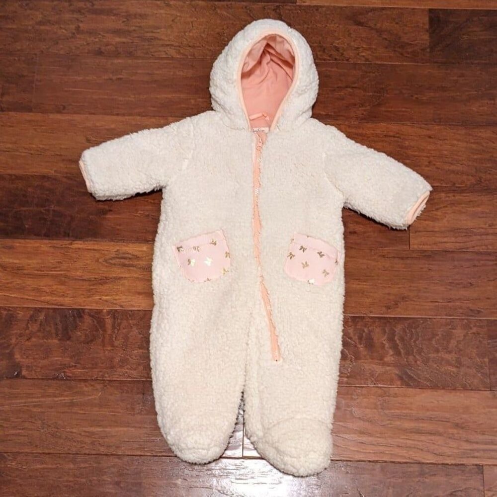Jessica Simpson 3-6M Sherpa Fleece Baby Bunting Hooded Romper White Pink Winter